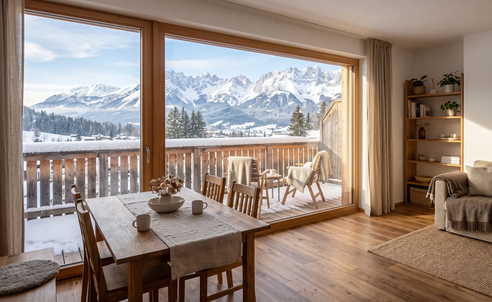 Apartment mit Balkon und Blick auf verschneite Berge